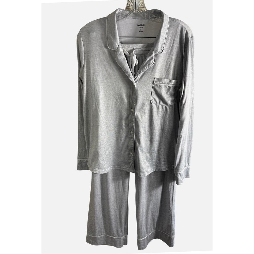 GapBody Original Gray Pajama Set Long Sleeve Button Up Top & Wide Leg Pants M